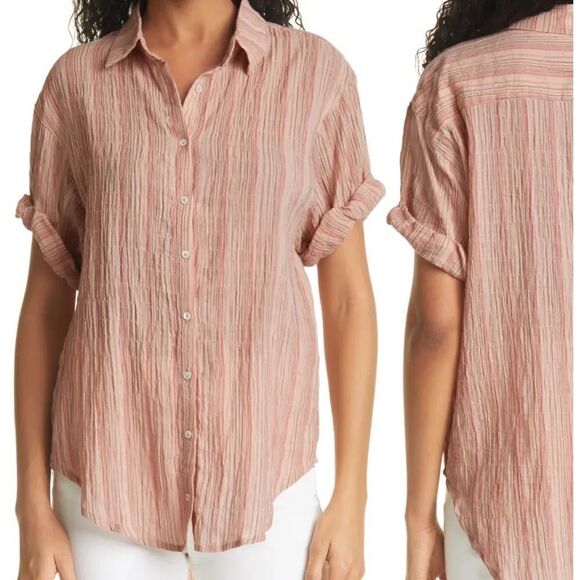 LINE Pari Short Sleeve Relaxed Fit Camp Shirt in Pastel Pink Cotton - Picture 1 of 8